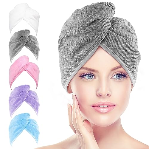 AIDEA Microfiber Hair Towel Wrap, 5 Pack Hair Turbans, Super Absorbent Quick Dry Hair Towel Wrap for All Hair Types Anti Frizz, 26"×10"