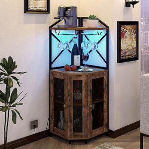 tohomeor corner wine bar cabinet with glass holder mesh door freestanding liquor storage rack with led light and power outlet home liquor bar cabinet for living room kitchen dining room