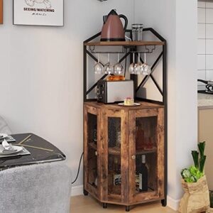 Tohomeor Corner Wine Bar Cabinet with Glass Holder Mesh Door Freestanding Liquor Storage Rack with Led Light and Power Outlet Home Liquor Bar Cabinet for Living Room Kitchen Dining Room