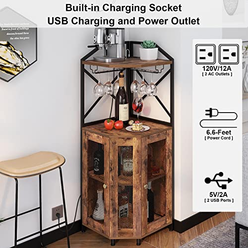 Tohomeor Corner Wine Bar Cabinet with Glass Holder Mesh Door Freestanding Liquor Storage Rack with Led Light and Power Outlet Home Liquor Bar Cabinet for Living Room Kitchen Dining Room