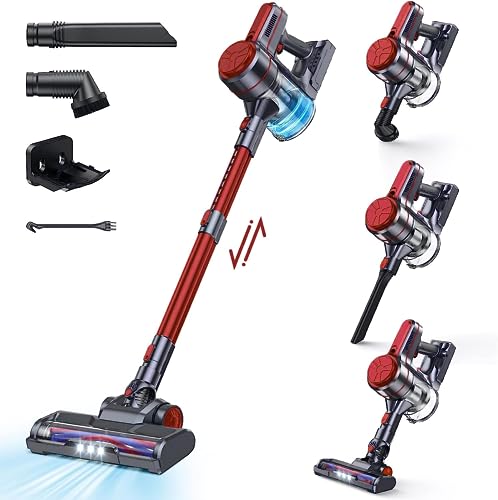 EICOBOT Cordless Vacuum Cleaner, 20000Pa High Efficiency Stick Vacuum, 6 in 1 Lightweight Quiet Vacuum Cleaner with 35min Long Runtime, Detachable Battery, for Hardwood Floor Pet Hair, Car, DarkRed