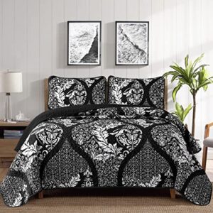 black quilt set king size, boho damask bedspread coverlet set soft lightweight microfiber bedding set 3 pieces for all season (104"x90")