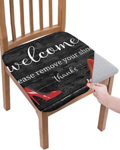 chair covers for dining room set of 6, removable washable office chair cover, welcome red high heels vintage wood grain background chair cushion covers for bar stool kitchen 13.4"-18"