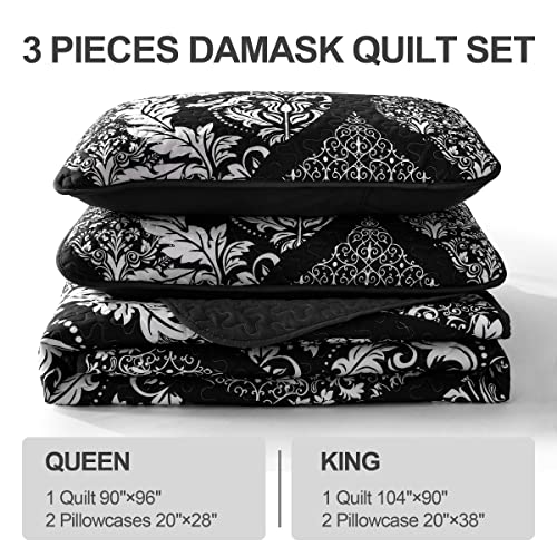 Black Quilt Set King Size, Boho Damask Bedspread Coverlet Set Soft Lightweight Microfiber Bedding Set 3 Pieces for All Season (104"x90")