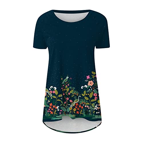 Womens Shirts Casual Womens Tunic Tops to Wear with Leggings Pattern Print Crewneck Short Sleeve Shirt Irregular Hem Tunic Hide Belly Shirt Womens Tops Summer Navy 5X