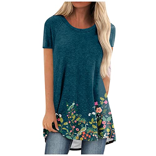 Womens Shirts Casual Womens Tunic Tops to Wear with Leggings Pattern Print Crewneck Short Sleeve Shirt Irregular Hem Tunic Hide Belly Shirt Womens Tops Summer Navy 5X