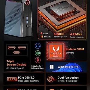 KAMRUI Ryzen Mini PC Gaming,32GB DDR5 Dual Channel 512GB SSD Mini Computer Tower with AMD Ryzen 7 7735HS, Small Desktop Computers Support 4K Triple Screen,RGB Lights,WiFi6,BT5.2,Type C,Windows 11 Pro