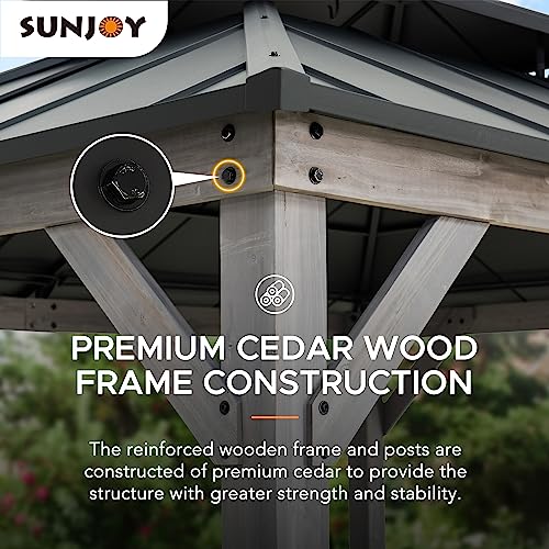 Sunjoy 10 x 12 ft. Wood Gazebo, Outdoor Patio Steel Hardtop Gazebo, Cedar Framed Wooden Gazebo with 2-Tier Metal Roof, Suitable for Patios, Lawn and Backyard, Matte Black Roof + Gray Wood Frame