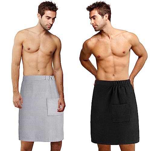 Newwiee 2 Pieces Microfiber Waffle Men's Bath Wrap Quick Absorbent Men Towel Wrap Adjustable Body Shower Wrap for Men Sauna Spa, 59 x 24 Inches/ 150 x 61 cm (Black, Gray)