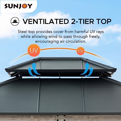 Sunjoy 10 x 12 ft. Wood Gazebo, Outdoor Patio Steel Hardtop Gazebo, Cedar Framed Wooden Gazebo with 2-Tier Metal Roof, Suitable for Patios, Lawn and Backyard, Matte Black Roof + Gray Wood Frame