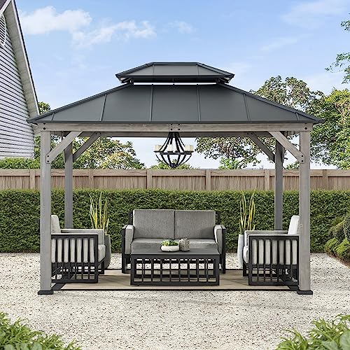 Sunjoy 10 x 12 ft. Wood Gazebo, Outdoor Patio Steel Hardtop Gazebo, Cedar Framed Wooden Gazebo with 2-Tier Metal Roof, Suitable for Patios, Lawn and Backyard, Matte Black Roof + Gray Wood Frame