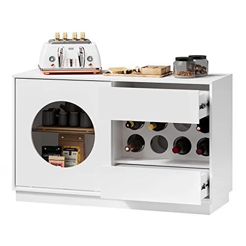 Waktavel Wine Bar Cabinet for Alcohol and Glasses, Buffet Cabinet with Storage，Alcohol Cabinet Small Liquor Cabinet Drawers, Sideboard Buffet Pantry Cabinet for Dining Room, White