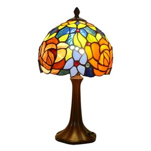 virtueking tiffany table lamp romantic double-color roses handmade stained glass desk lamps 8" wide 15" tall vintage reading lamp for office, living room, bedroom, led bulb included