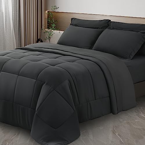 KELTARO King Size Comforter Set with 7 Pieces Bed in a Bag - All Season Bedding Sets with Soft Quilted Warm Fluffy Comforter, Flat Sheet, Fitted Sheet,2 Pillow Shams and 2 Pillowcases,Dark Grey