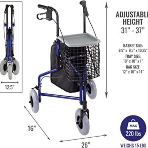 DMI Folding Rollator Walker with Swiveling Front Wheels, FSA HSA Eligible, 3 Wheel, Aluminum Light-Weight, Detachable Storage Tray, Royal Blue