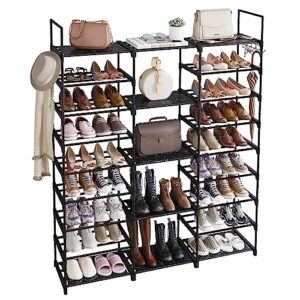 fixwal 9 tiers shoe rack organizer, shoe organizer for closet for 50-55 pairs of shoes and boots, stackable metal shoe shelf with hooks for entryway, shoe racks for bedroom closet(black)