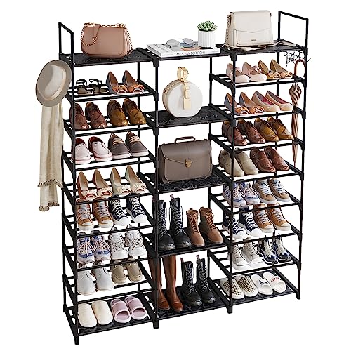 Fixwal 9 Tiers Shoe Rack Organizer, Shoe Organizer for Closet for 50-55 Pairs of Shoes and Boots, Stackable Metal Shoe Shelf with Hooks for Entryway, Shoe Racks for Bedroom Closet(Black)