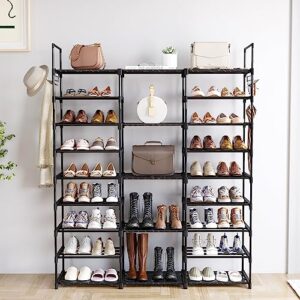 Fixwal 9 Tiers Shoe Rack Organizer, Shoe Organizer for Closet for 50-55 Pairs of Shoes and Boots, Stackable Metal Shoe Shelf with Hooks for Entryway, Shoe Racks for Bedroom Closet(Black)