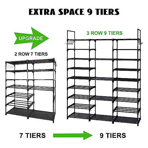 Fixwal 9 Tiers Shoe Rack Organizer, Shoe Organizer for Closet for 50-55 Pairs of Shoes and Boots, Stackable Metal Shoe Shelf with Hooks for Entryway, Shoe Racks for Bedroom Closet(Black)