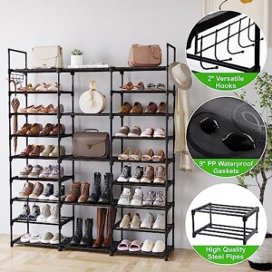 Fixwal 9 Tiers Shoe Rack Organizer, Shoe Organizer for Closet for 50-55 Pairs of Shoes and Boots, Stackable Metal Shoe Shelf with Hooks for Entryway, Shoe Racks for Bedroom Closet(Black)