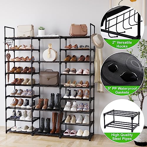 Fixwal 9 Tiers Shoe Rack Organizer, Shoe Organizer for Closet for 50-55 Pairs of Shoes and Boots, Stackable Metal Shoe Shelf with Hooks for Entryway, Shoe Racks for Bedroom Closet(Black)