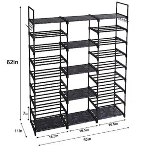 Fixwal 9 Tiers Shoe Rack Organizer, Shoe Organizer for Closet for 50-55 Pairs of Shoes and Boots, Stackable Metal Shoe Shelf with Hooks for Entryway, Shoe Racks for Bedroom Closet(Black)