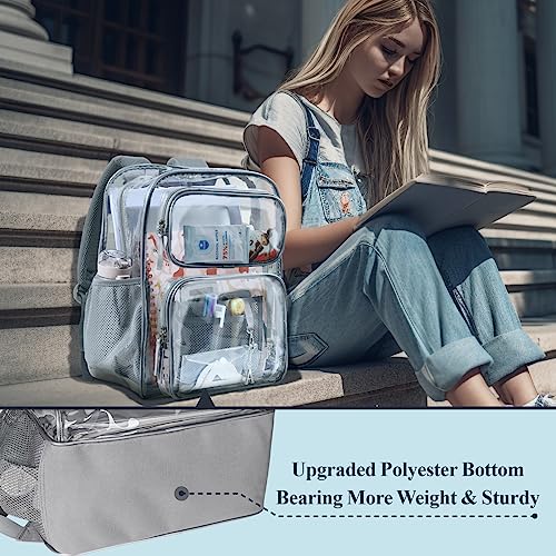 PACKISM Clear Backpack for School - 17" Heavy Duty PVC Transparent Backpacks with Multi-pockets for College Workplace Security, Grey(for age 12 above)