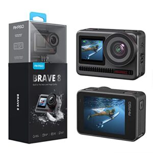 akaso brave 8 4k60fps action camera, 48mp photo touch screen waterproof super wide angle 16x slo-mo supersmooth stabilization underwater camera with remote control helmet accessories