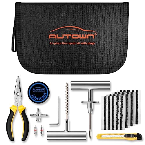 AUTOWN Flat Tire Repair Kit with Plugs 31 Pcs for Car, Motorcycle, ATV, Jeep, Truck, Tractor Flat Tire Puncture Repair