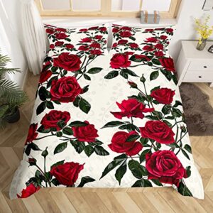 roses girls duvet cover set twin size,flowers leaves plants natural bedding set,kids woman adults room decor,floral botanical rustic farmhouse comforter cover,red romantic quilt cover,1 pillowcase