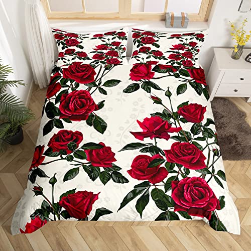 Roses Girls Duvet Cover Set Twin Size,Flowers Leaves Plants Natural Bedding Set,Kids Woman Adults Room Decor,Floral Botanical Rustic Farmhouse Comforter Cover,Red Romantic Quilt Cover,1 Pillowcase