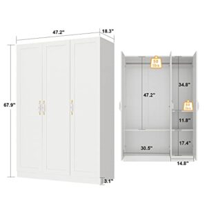 AIEGLE 3 Doors Wardrobe Armoire Closet, Large Freestanding Armoire Wardrobe Cabinet with Shelves & Hanging Rod, Bedroom Wood Clothes Storage Cabinet Organizer, White 47" Wide Type A