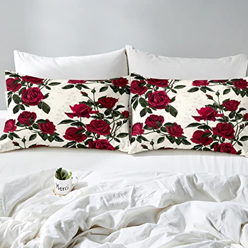 Roses Girls Duvet Cover Set Twin Size,Flowers Leaves Plants Natural Bedding Set,Kids Woman Adults Room Decor,Floral Botanical Rustic Farmhouse Comforter Cover,Red Romantic Quilt Cover,1 Pillowcase