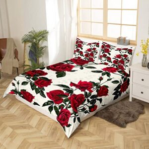 Roses Girls Duvet Cover Set Twin Size,Flowers Leaves Plants Natural Bedding Set,Kids Woman Adults Room Decor,Floral Botanical Rustic Farmhouse Comforter Cover,Red Romantic Quilt Cover,1 Pillowcase