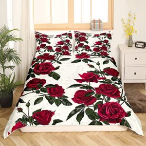 Roses Girls Duvet Cover Set Twin Size,Flowers Leaves Plants Natural Bedding Set,Kids Woman Adults Room Decor,Floral Botanical Rustic Farmhouse Comforter Cover,Red Romantic Quilt Cover,1 Pillowcase