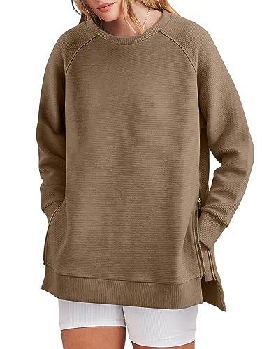 ANRABESS Women's Fall Casual Soft Long Sleeves Sweatshirts Pullover Tunic Tops Split Blouse with Side Zipper Teen Girls Trendy 2023 A1073-kaqi-L Khaki