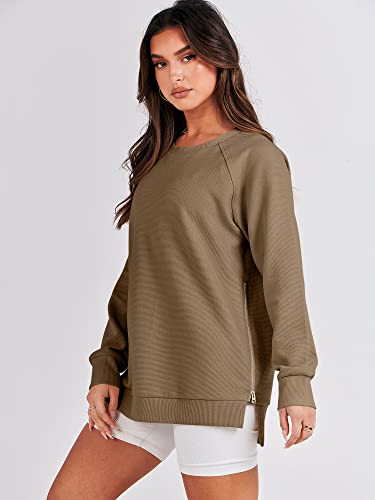 ANRABESS Women's Fall Casual Soft Long Sleeves Sweatshirts Pullover Tunic Tops Split Blouse with Side Zipper Teen Girls Trendy 2023 A1073-kaqi-L Khaki