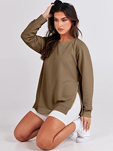 ANRABESS Women's Fall Casual Soft Long Sleeves Sweatshirts Pullover Tunic Tops Split Blouse with Side Zipper Teen Girls Trendy 2023 A1073-kaqi-L Khaki