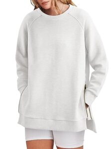 anrabess women's oversized sweatshirts long sleeve tunic tops crew neck soft pullover with side zipper shirt trendy clothes 2023 a1073-baise-m white