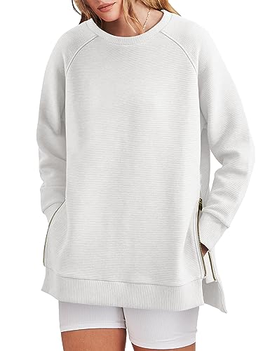 ANRABESS Women's Oversized Sweatshirts Long Sleeve Tunic Tops Crew Neck Soft Pullover With Side Zipper Shirt Trendy Clothes 2023 A1073-baise-M White