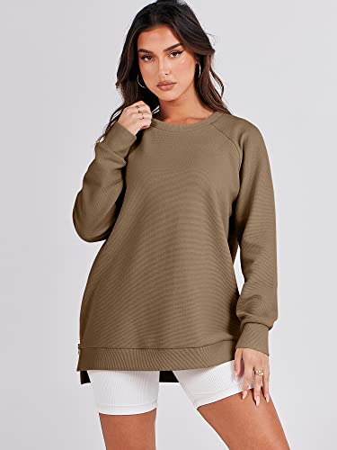 ANRABESS Women's Fall Casual Soft Long Sleeves Sweatshirts Pullover Tunic Tops Split Blouse with Side Zipper Teen Girls Trendy 2023 A1073-kaqi-L Khaki