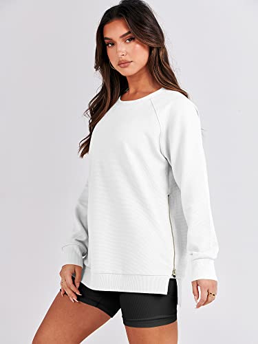 ANRABESS Women's Oversized Sweatshirts Long Sleeve Tunic Tops Crew Neck Soft Pullover With Side Zipper Shirt Trendy Clothes 2023 A1073-baise-M White