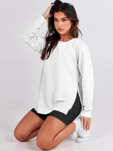 ANRABESS Women's Oversized Sweatshirts Long Sleeve Tunic Tops Crew Neck Soft Pullover With Side Zipper Shirt Trendy Clothes 2023 A1073-baise-M White
