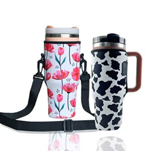 2pack reusable neoprene insulated sleeves cup cover for stanley 40oz tumbler cup,water bottle sleeves, 40 oz tumbler with handle stanley cup accessories for outdooor walking (pink flower+milk)