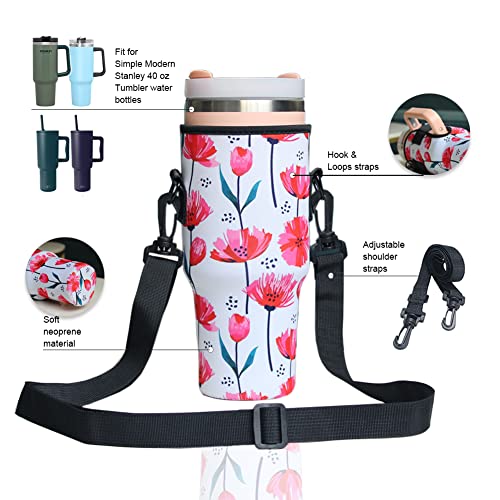 2Pack Reusable Neoprene Insulated Sleeves Cup Cover for Stanley 40oz Tumbler Cup,Water Bottle Sleeves, 40 oz Tumbler with Handle Stanley Cup Accessories for Outdooor Walking (pink flower+Milk)