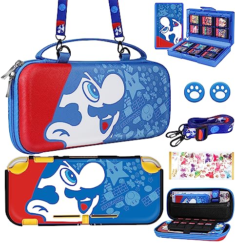 Xinocy for Nintendo Switch Lite 7 in 1 Storage Accessories Kit with Travel Carrying Case+Switch Lite Protective Cover+Game Case Holder+Strap+Sticker+2 Thumb Caps Cute Shell for Boys Kids Girls -Blue