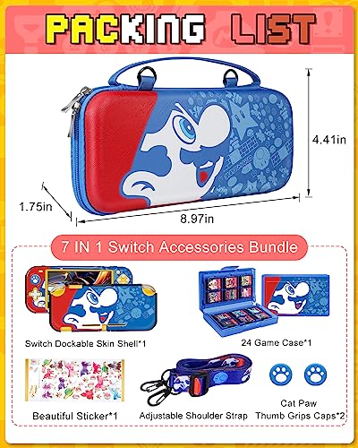 Xinocy for Nintendo Switch Lite 7 in 1 Storage Accessories Kit with Travel Carrying Case+Switch Lite Protective Cover+Game Case Holder+Strap+Sticker+2 Thumb Caps Cute Shell for Boys Kids Girls -Blue