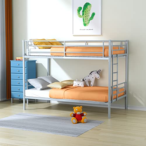 LifeSky Twin-Over-Twin Metal Bunk Bed - Heavy Duty Bunk Bed Frame - Bunk Beds with Ladder and Guardrail for Bedroom Girls Silver