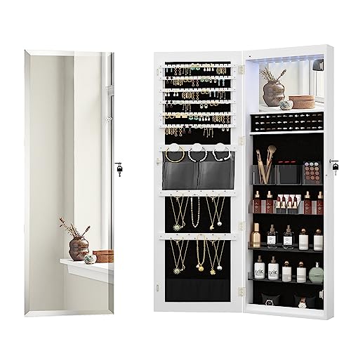 Hzuaneri 8 LEDs Jewelry Cabinet Armoire, 42.7" Tall Frameless Mirror Jewelry Organizer, lockable Wall/Door Mounted Makeup Jewelry Storage with Mirror, 4 Shelves, White and Black JC10803B