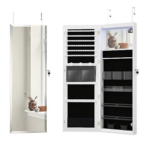 Hzuaneri 8 LEDs Jewelry Cabinet Armoire, 42.7" Tall Frameless Mirror Jewelry Organizer, lockable Wall/Door Mounted Makeup Jewelry Storage with Mirror, 4 Shelves, White and Black JC10803B